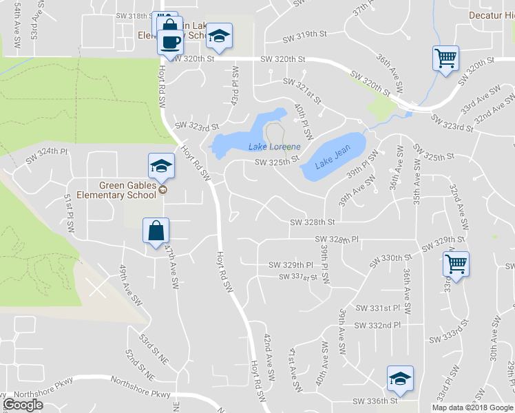 map of restaurants, bars, coffee shops, grocery stores, and more near 4203 Southwest 328th Street in Federal Way