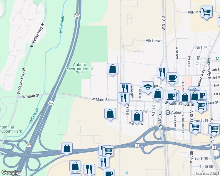 map of restaurants, bars, coffee shops, grocery stores, and more near 901 West Main Street in Auburn