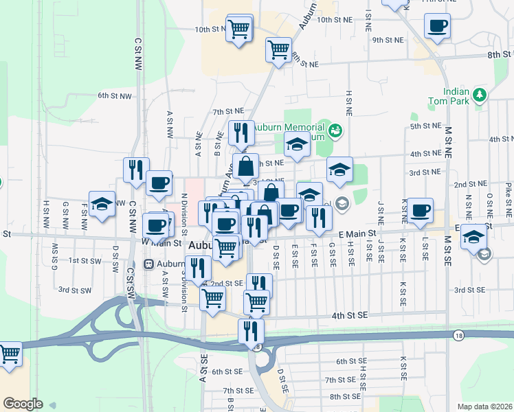 map of restaurants, bars, coffee shops, grocery stores, and more near 306 2nd Street Northeast in Auburn