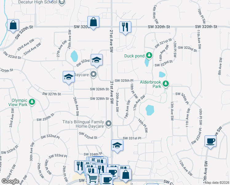 map of restaurants, bars, coffee shops, grocery stores, and more near 32615 20th Avenue Southwest in Federal Way