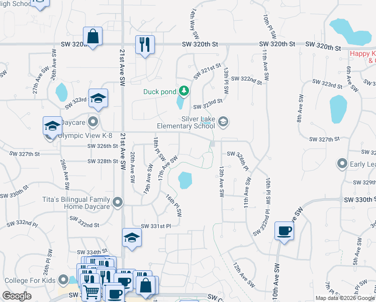 map of restaurants, bars, coffee shops, grocery stores, and more near 1539 Southwest 327th Street in Federal Way