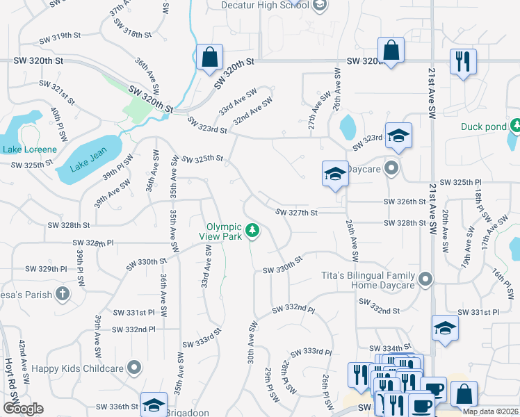 map of restaurants, bars, coffee shops, grocery stores, and more near 32752 29th Avenue Southwest in Federal Way