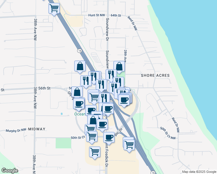 map of restaurants, bars, coffee shops, grocery stores, and more near 5574 Soundview Drive in Gig Harbor