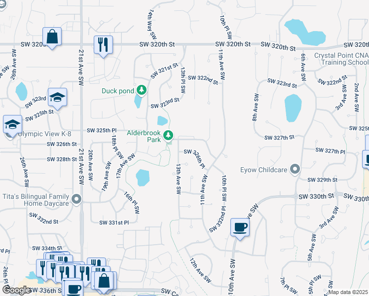 map of restaurants, bars, coffee shops, grocery stores, and more near 1229 Southwest 326th Place in Federal Way