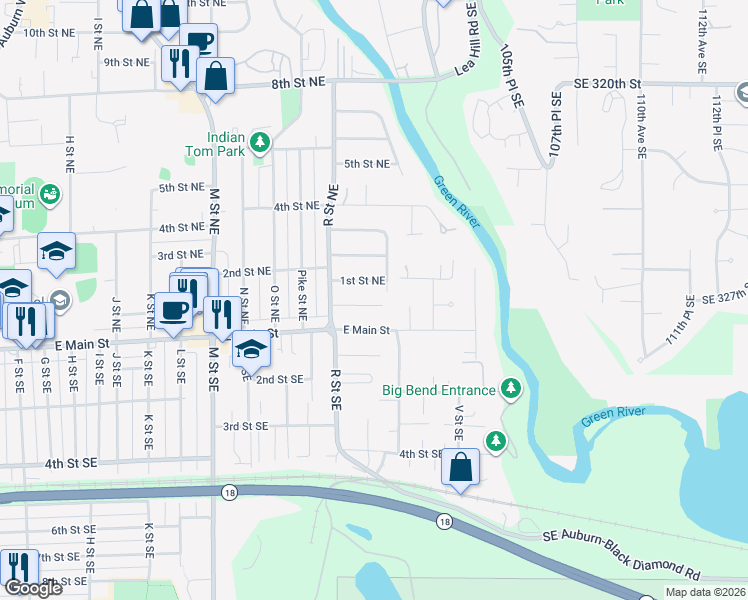 map of restaurants, bars, coffee shops, grocery stores, and more near 1619 East Main Street in Auburn