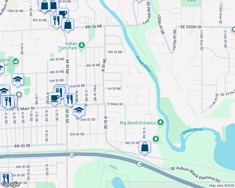 map of restaurants, bars, coffee shops, grocery stores, and more near 1619 East Main Street in Auburn