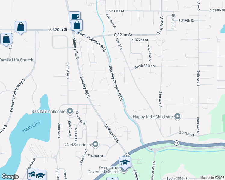 map of restaurants, bars, coffee shops, grocery stores, and more near 32606 44th Avenue South in Federal Way