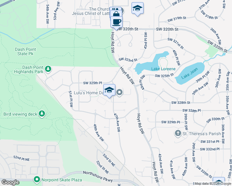 map of restaurants, bars, coffee shops, grocery stores, and more near 4626 Southwest 327th Place in Federal Way