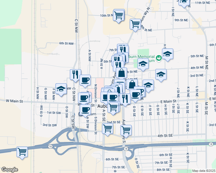 map of restaurants, bars, coffee shops, grocery stores, and more near in Auburn