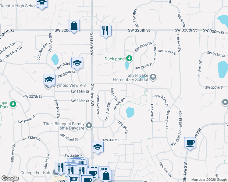 map of restaurants, bars, coffee shops, grocery stores, and more near 32602 18th Place Southwest in Federal Way