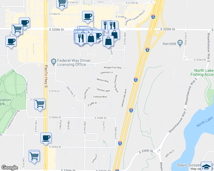 map of restaurants, bars, coffee shops, grocery stores, and more near 2101 South 324th Street in Federal Way