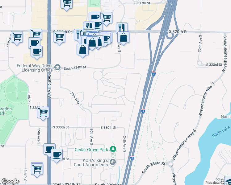 map of restaurants, bars, coffee shops, grocery stores, and more near 2101 South 324th Street in Federal Way