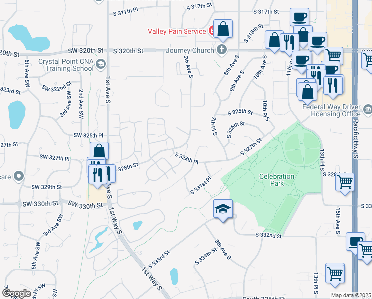 map of restaurants, bars, coffee shops, grocery stores, and more near 451 South 328th Street in Federal Way