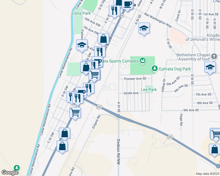 map of restaurants, bars, coffee shops, grocery stores, and more near 1085 A Street Southeast in Ephrata