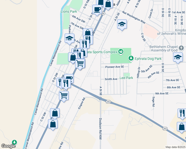 map of restaurants, bars, coffee shops, grocery stores, and more near 1085 A Street Southeast in Ephrata