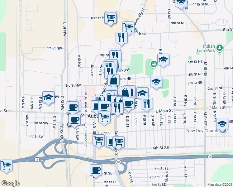 map of restaurants, bars, coffee shops, grocery stores, and more near 223 3rd Street Northeast in Auburn