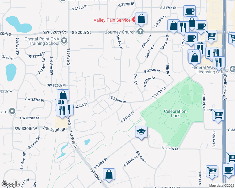 map of restaurants, bars, coffee shops, grocery stores, and more near 431 South 325th Place in Federal Way