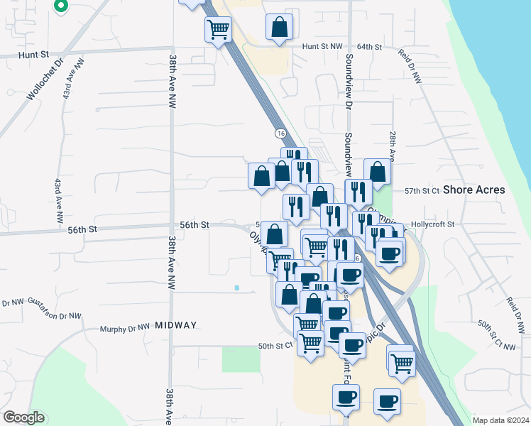 map of restaurants, bars, coffee shops, grocery stores, and more near 5711 34th Avenue in Gig Harbor
