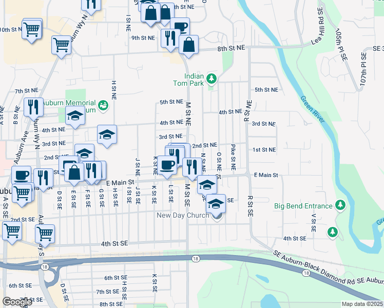 map of restaurants, bars, coffee shops, grocery stores, and more near 203 N Street Northeast in Auburn