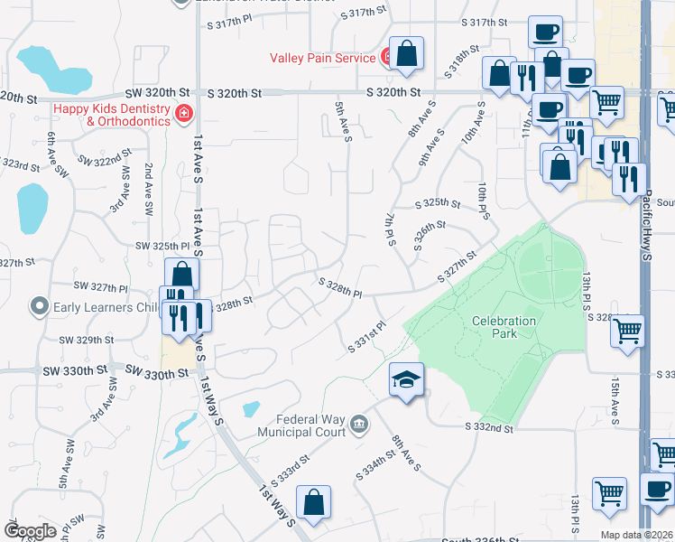 map of restaurants, bars, coffee shops, grocery stores, and more near 451 South 328th Street in Federal Way