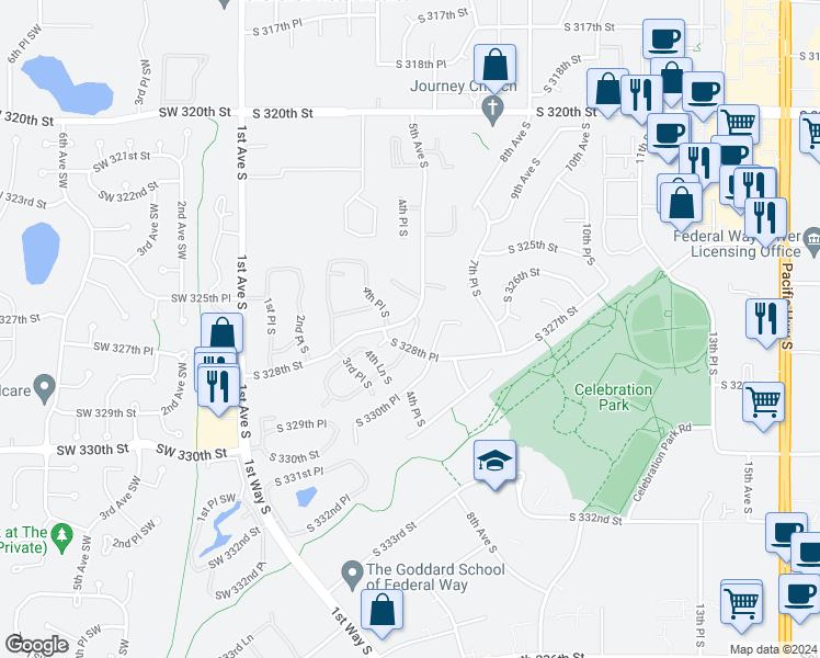 map of restaurants, bars, coffee shops, grocery stores, and more near 451 South 328th Street in Federal Way