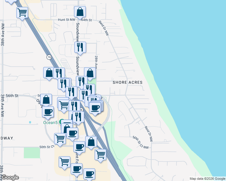 map of restaurants, bars, coffee shops, grocery stores, and more near 2601 Hollycroft Street in Gig Harbor