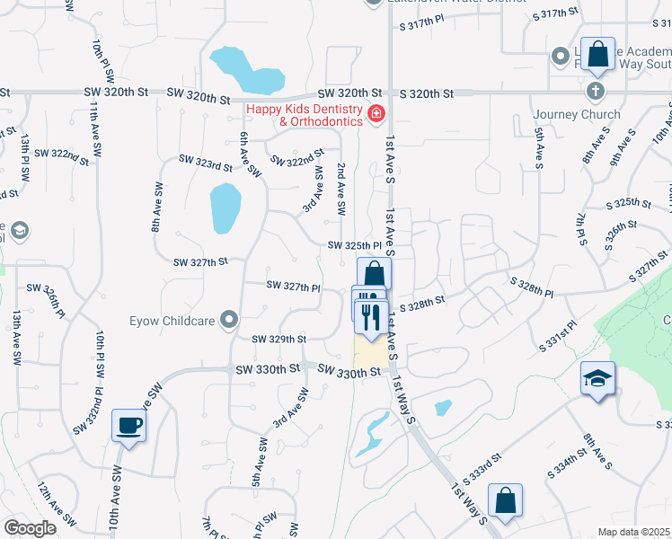 map of restaurants, bars, coffee shops, grocery stores, and more near 32519 2nd Avenue Southwest in Federal Way