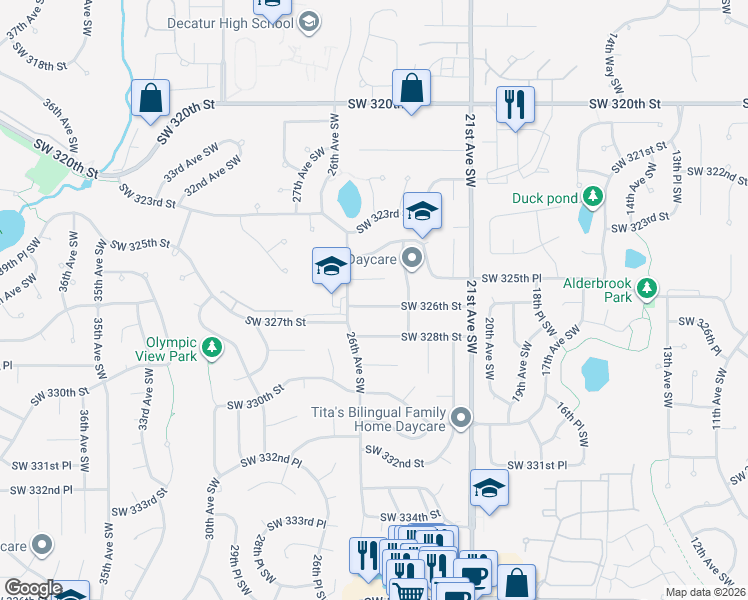 map of restaurants, bars, coffee shops, grocery stores, and more near 2436 Southwest 326th Street in Federal Way