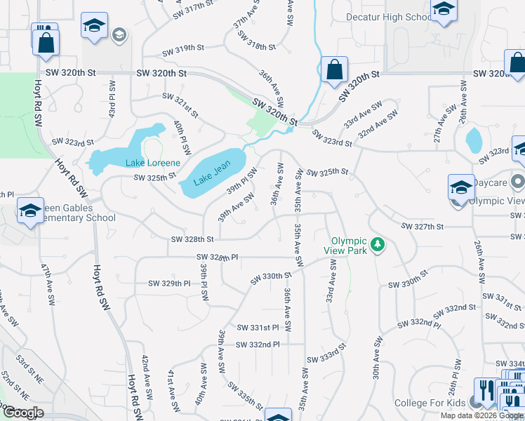 map of restaurants, bars, coffee shops, grocery stores, and more near 32613 36th Avenue Southwest in Federal Way