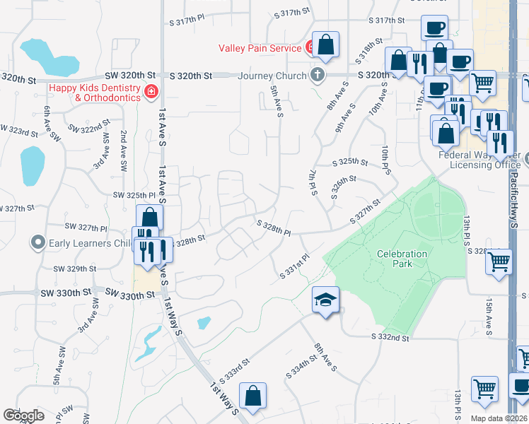 map of restaurants, bars, coffee shops, grocery stores, and more near 431 South 325th Place in Federal Way