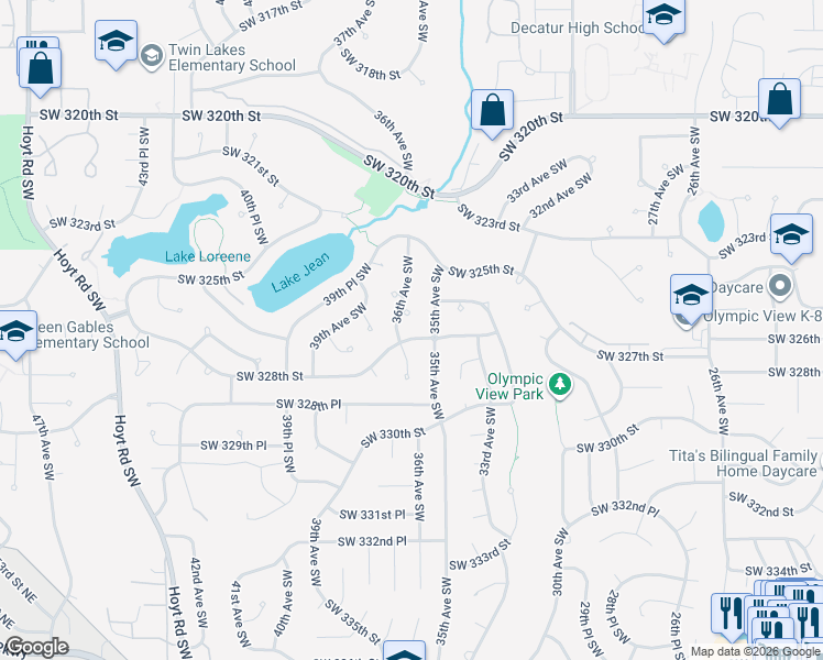 map of restaurants, bars, coffee shops, grocery stores, and more near 3516 Southwest 327th Street in Federal Way