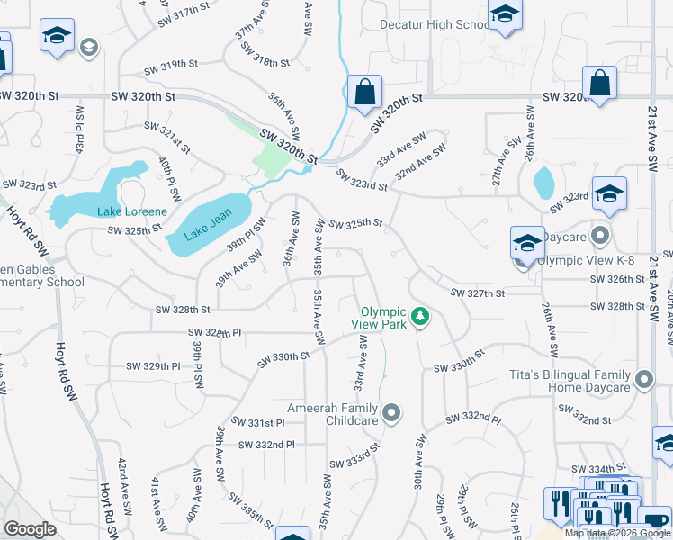 map of restaurants, bars, coffee shops, grocery stores, and more near 3235 Southwest 326th Street in Federal Way