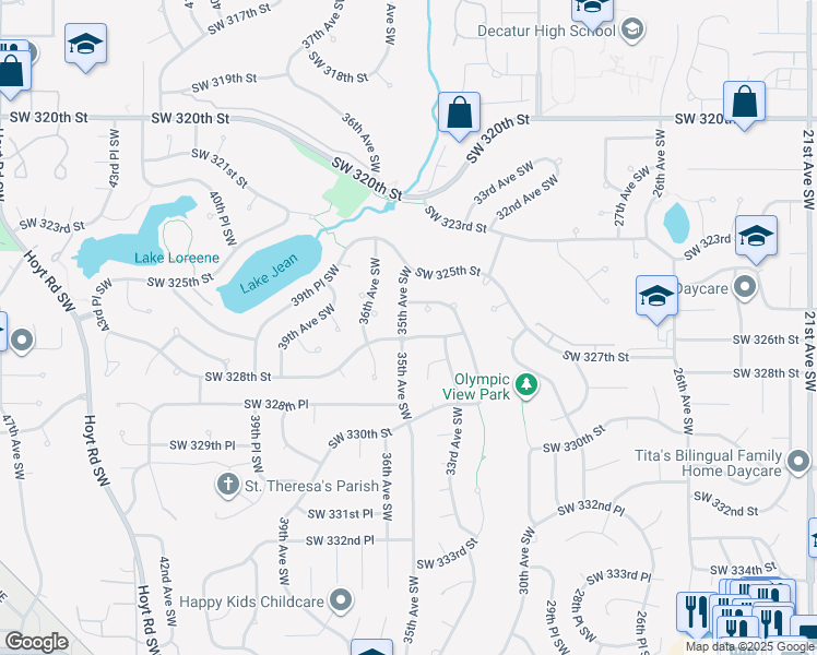 map of restaurants, bars, coffee shops, grocery stores, and more near 32624 35th Avenue Southwest in Federal Way