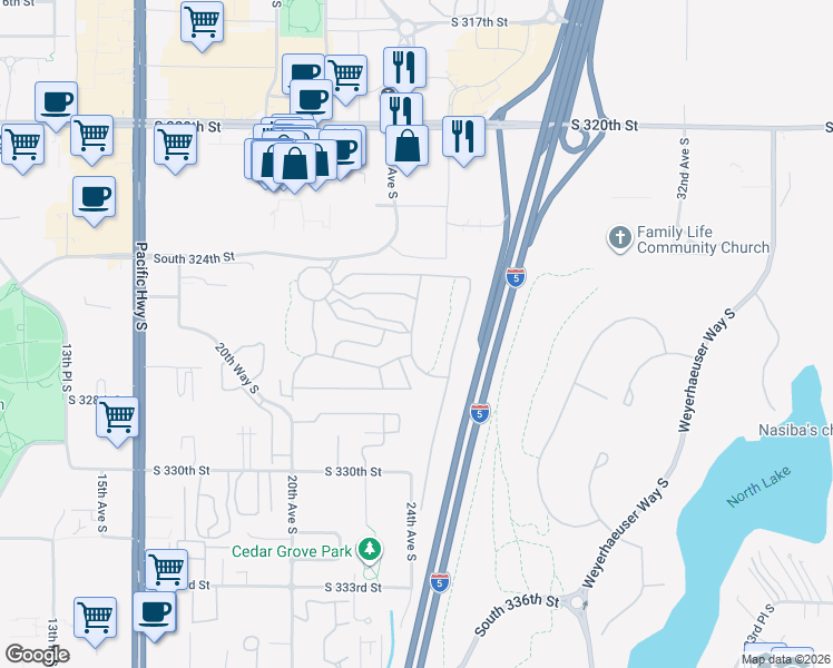 map of restaurants, bars, coffee shops, grocery stores, and more near 2101 South 324th Street in Federal Way