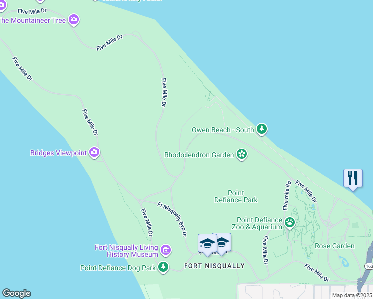 map of restaurants, bars, coffee shops, grocery stores, and more near Five Mile Drive in Tacoma