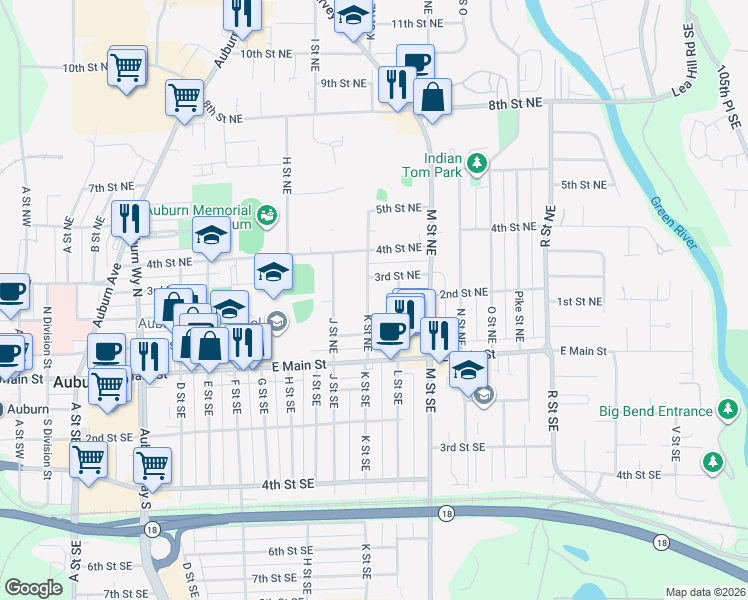 map of restaurants, bars, coffee shops, grocery stores, and more near 210 K Street Northeast in Auburn