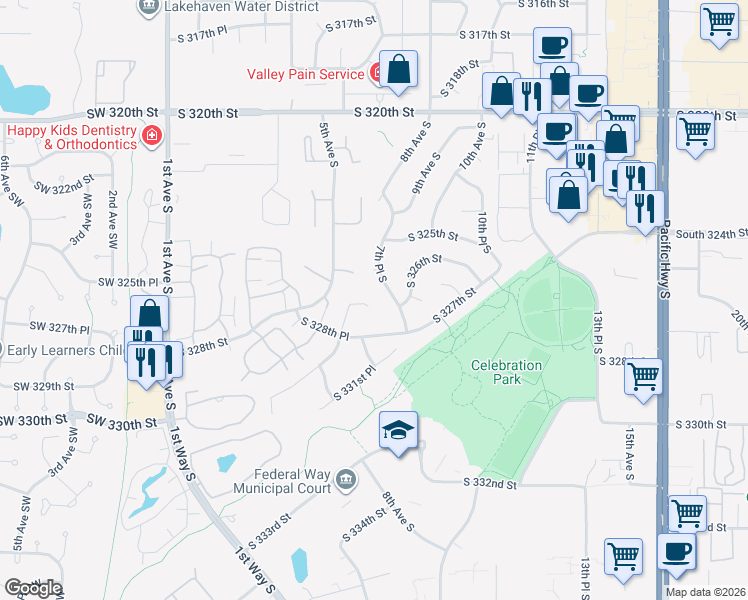 map of restaurants, bars, coffee shops, grocery stores, and more near 547 South 330th Place in Federal Way