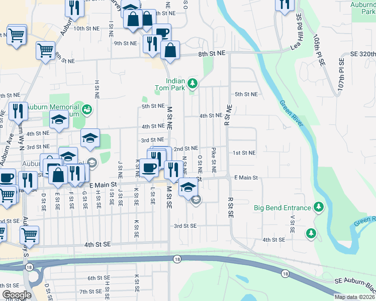 map of restaurants, bars, coffee shops, grocery stores, and more near 203 N Street Northeast in Auburn