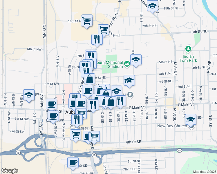 map of restaurants, bars, coffee shops, grocery stores, and more near 422 3rd Street Northeast in Auburn