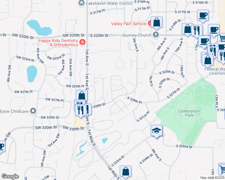 map of restaurants, bars, coffee shops, grocery stores, and more near 310 South 327th Lane in Federal Way