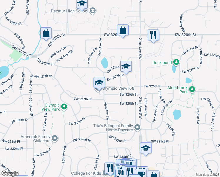 map of restaurants, bars, coffee shops, grocery stores, and more near 2519 Southwest 325th Place in Federal Way
