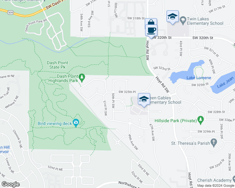 map of restaurants, bars, coffee shops, grocery stores, and more near 5009 Southwest 325th Place in Federal Way
