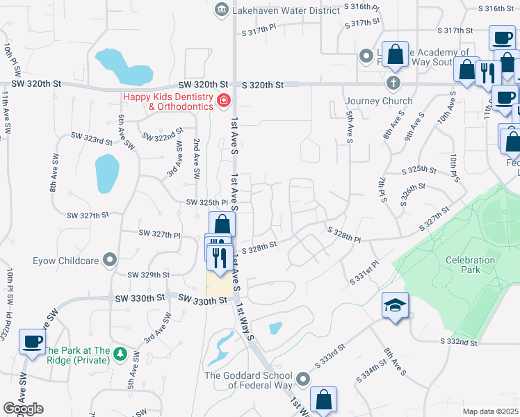 map of restaurants, bars, coffee shops, grocery stores, and more near 32600 1st Avenue South in Federal Way