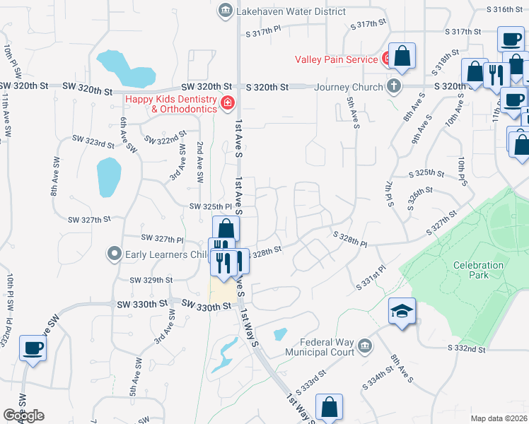 map of restaurants, bars, coffee shops, grocery stores, and more near 32611 2nd Place South in Federal Way