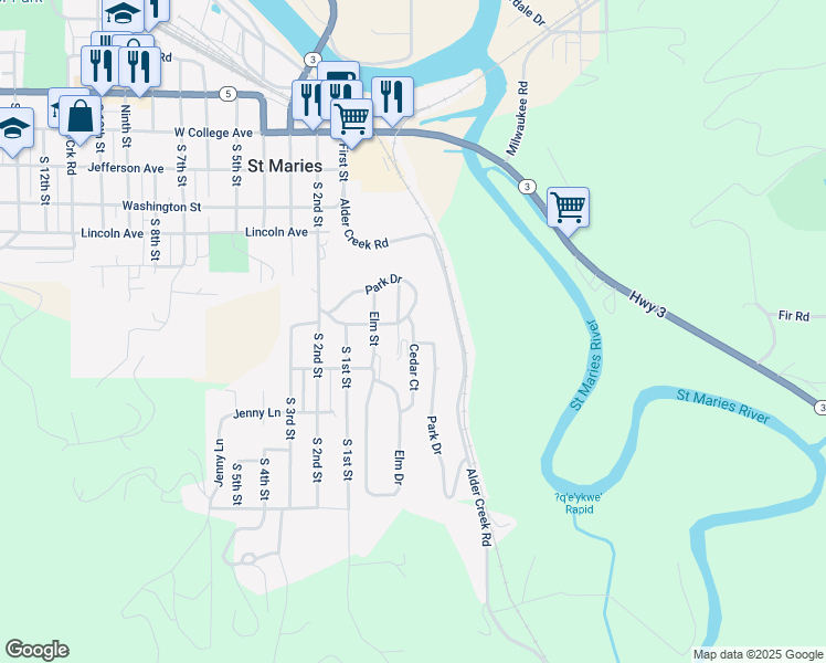map of restaurants, bars, coffee shops, grocery stores, and more near 804 Cedar Street in Saint Maries