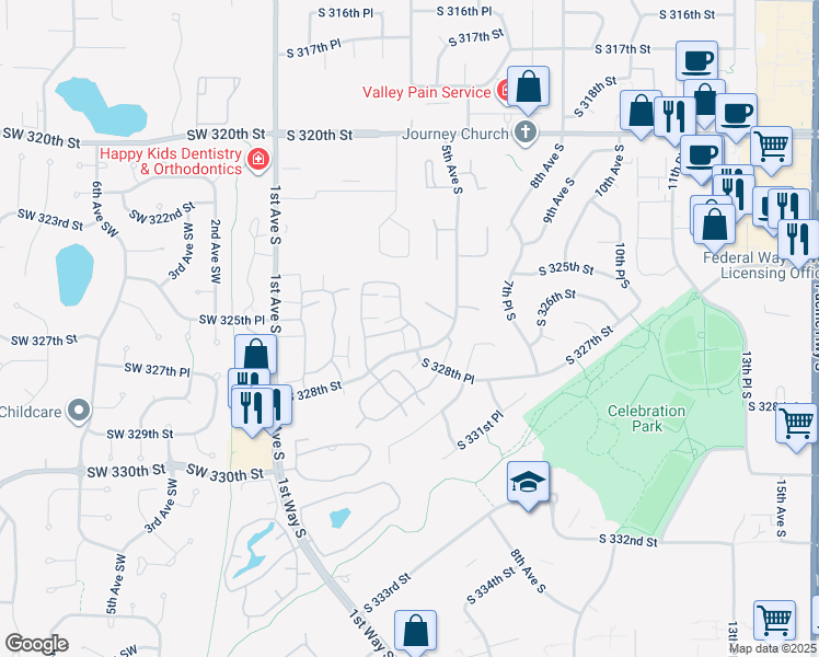 map of restaurants, bars, coffee shops, grocery stores, and more near 341 South 327th Lane in Federal Way