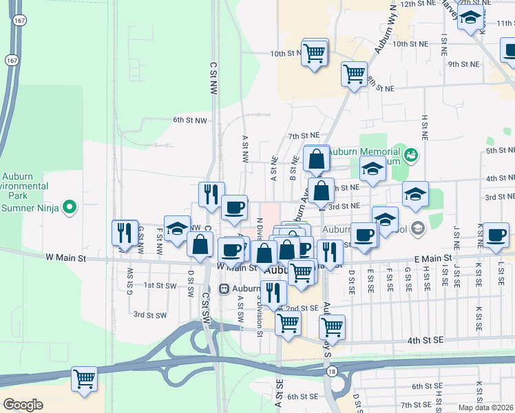map of restaurants, bars, coffee shops, grocery stores, and more near in Auburn