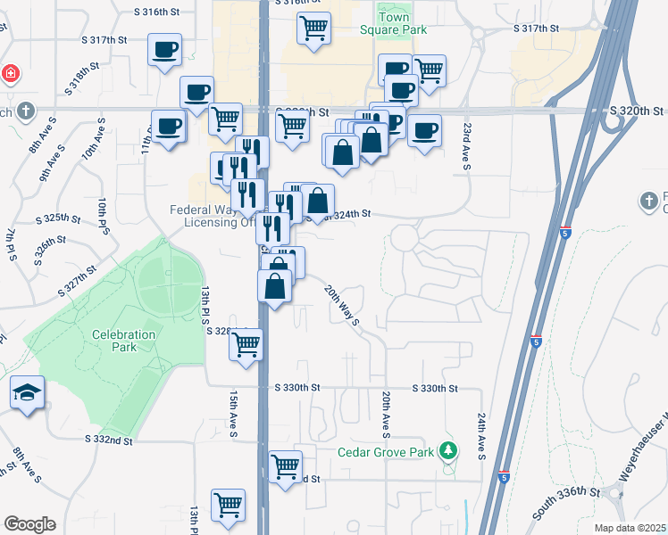 map of restaurants, bars, coffee shops, grocery stores, and more near in Federal Way