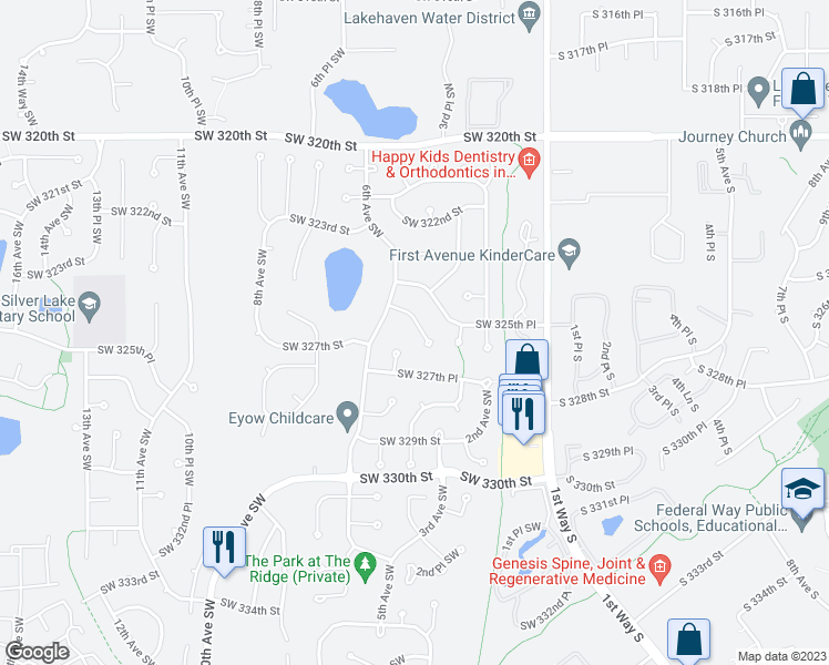 map of restaurants, bars, coffee shops, grocery stores, and more near 515 Southwest 326th Street in Federal Way