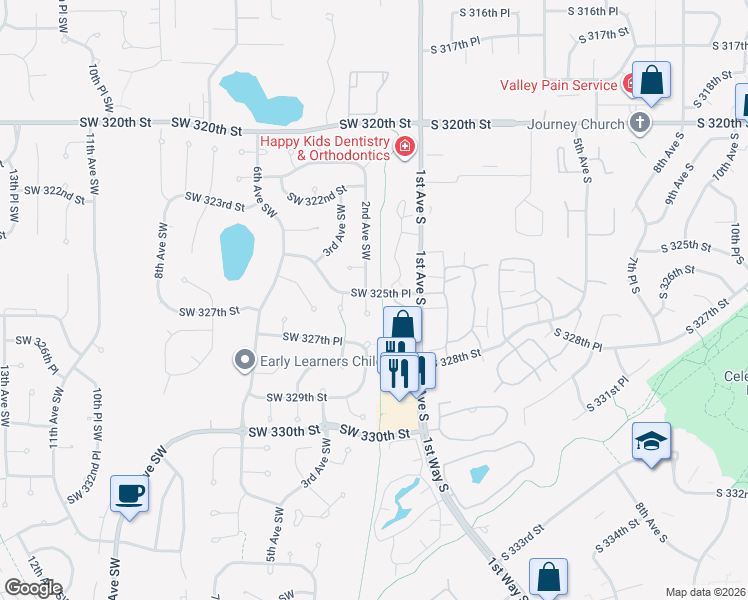 map of restaurants, bars, coffee shops, grocery stores, and more near 32502 2nd Ave SW in Federal Way